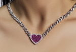 Rhodium Plated 925 Sterling Silver Heart Baguette Pink and Clear CZ Encrusted Miami Cuban Link 7mm Chain