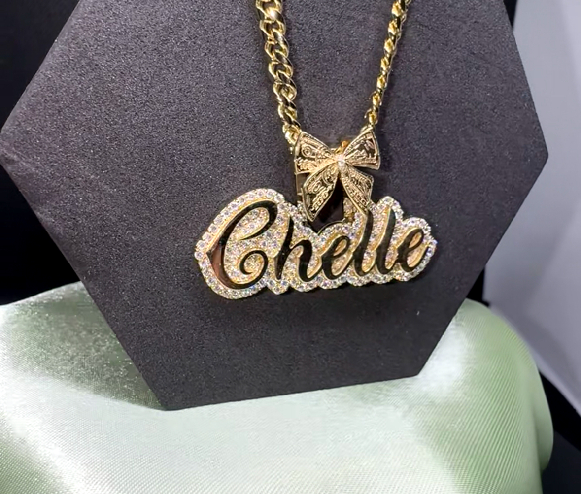 10k Custom diamond trimmed name pendant | chain included |Any bail | multiple fonts
