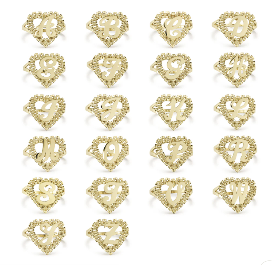 10k Gold  Rollie Initial Heart Initial Ring |A-Z