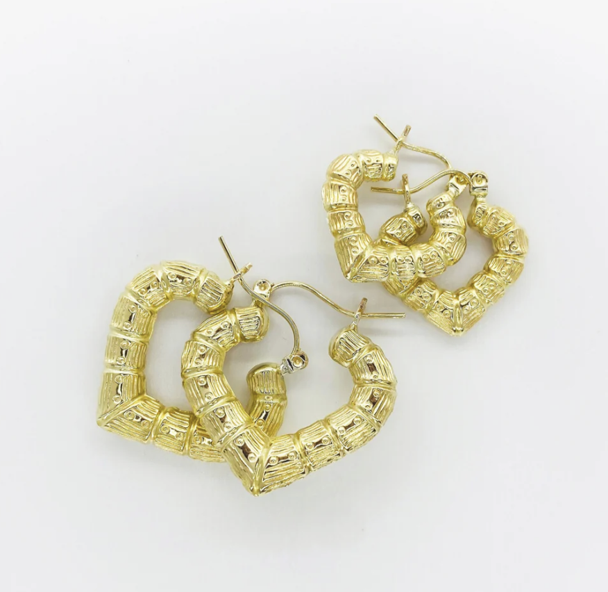 10k Gold Bamboo Heart Hoops Earrings