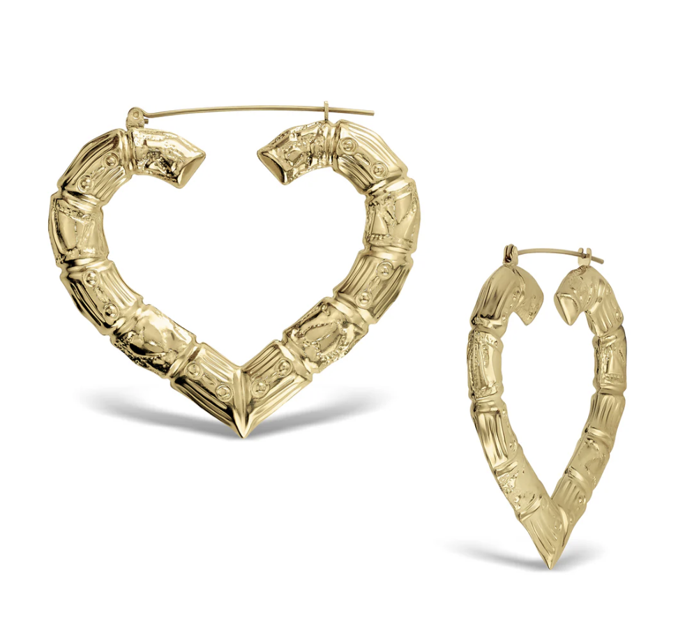 10k  Gold Classic Bamboo Heart Hoops Earrings
